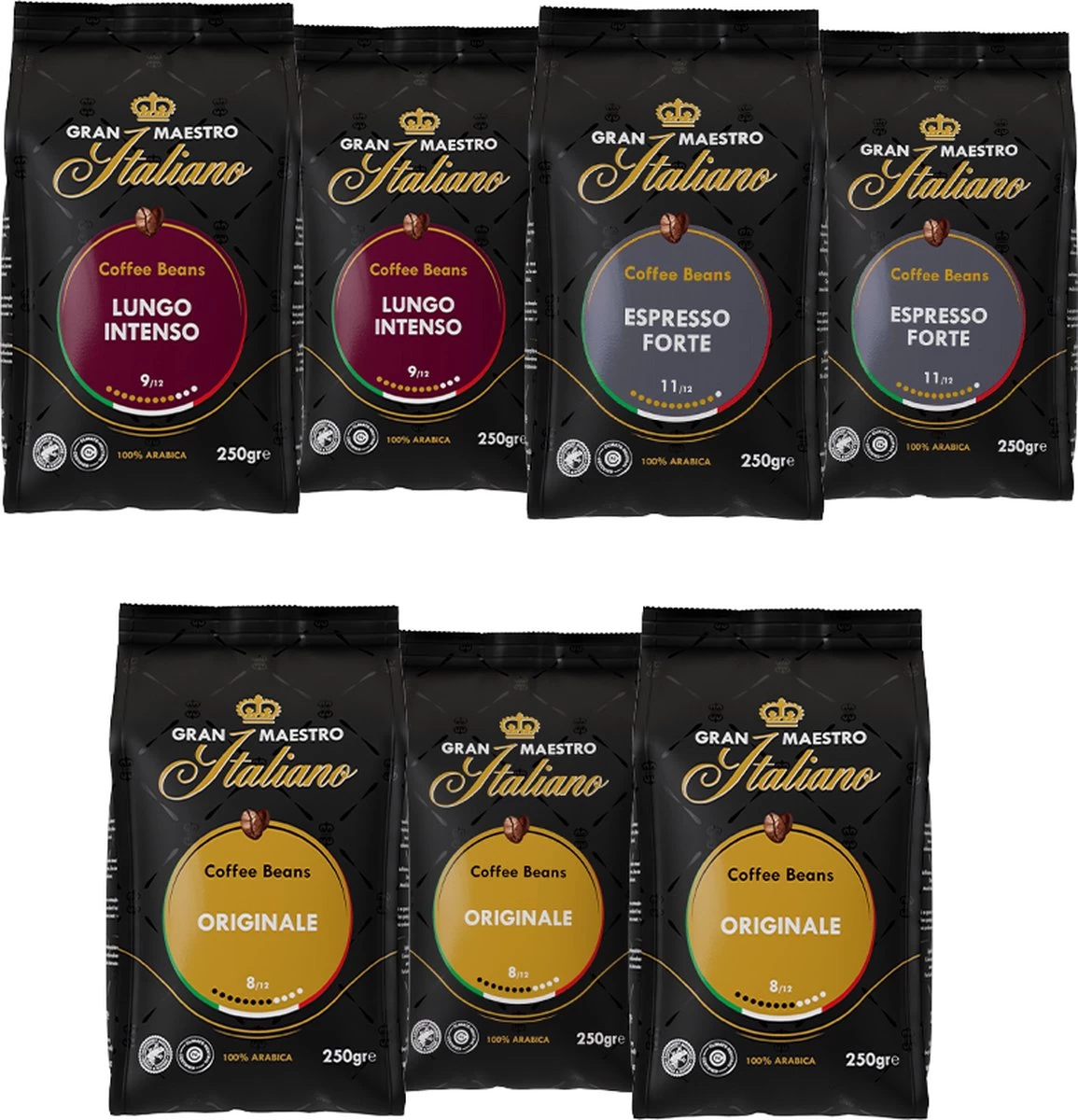 Gran Maestro Italiano - Koffiebonen - Proefpakket - Bonen Voor Espresso - Bonen Voor Lungo - Arabica - 7 X 250g 3 Gran Maestro Italiano - Koffiebonen - Proefpakket - Bonen Voor Espresso - Bonen Voor Lungo - Arabica - 7 X 250g
