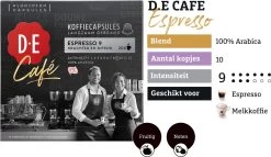 Douwe Egberts D.E Café Espresso Koffiecups - Intensiteit 9/12 - 10 X 20 Capsules 13 Douwe Egberts D.E Café Espresso Koffiecups - Intensiteit 9/12 - 10 X 20 Capsules -Koffiehuis 1200x697