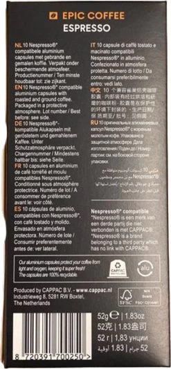 100 Capsules Epic Coffee - Espresso - Nespresso® Compatible Aluminium Capsules - RFA Keurmerk - Doos 100 Stuks 15 100 Capsules Epic Coffee - Espresso - Nespresso® Compatible Aluminium Capsules - RFA Keurmerk - Doos 100 Stuks -Koffiehuis 556x1200