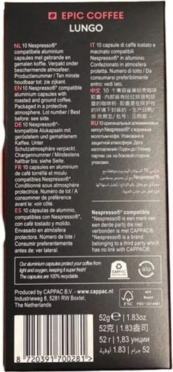 100 Capsules Epic Coffee - Lungo - Nespresso® Compatible Aluminium Capsules - RFA Keurmerk - Doos 100 Stuks -Koffiehuis 560x1200