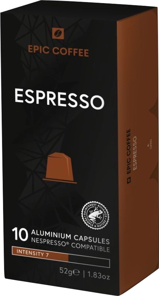 100 Capsules Epic Coffee - Espresso - Nespresso® Compatible Aluminium Capsules - RFA Keurmerk - Doos 100 Stuks 3 100 Capsules Epic Coffee - Espresso - Nespresso® Compatible Aluminium Capsules - RFA Keurmerk - Doos 100 Stuks